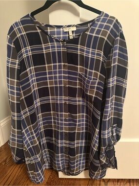 Joie 100% Silk Plaid Button-Front Top, Sz L